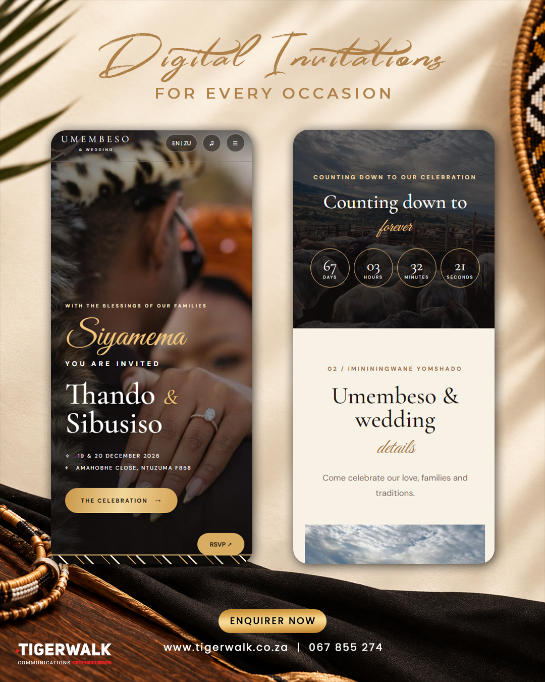 Digital invitation design for Thando and Sibusiso, showing wedding details and a celebration countdown in gold and cream.