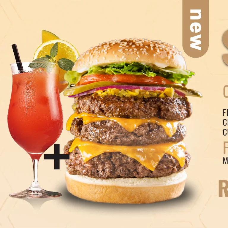 Burger and drink promotional graphic used as the restaurant commercial preview.