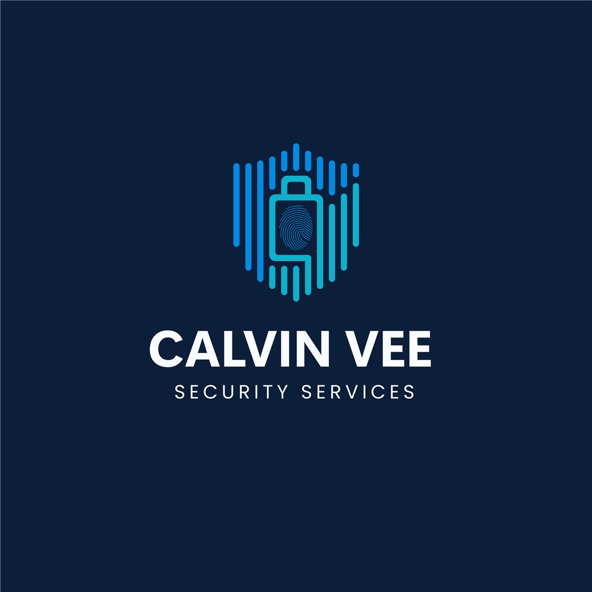 Blue fingerprint and padlock logo for Calvin Vee Security Services.