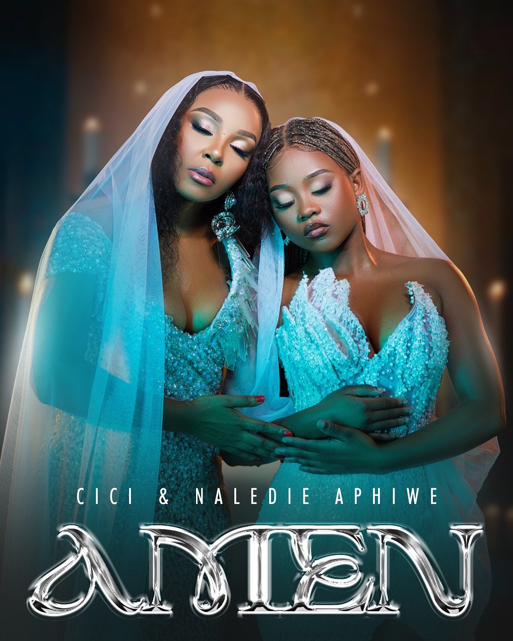 Amen artwork featuring Cici and Naledi Aphiwe in white dresses.
