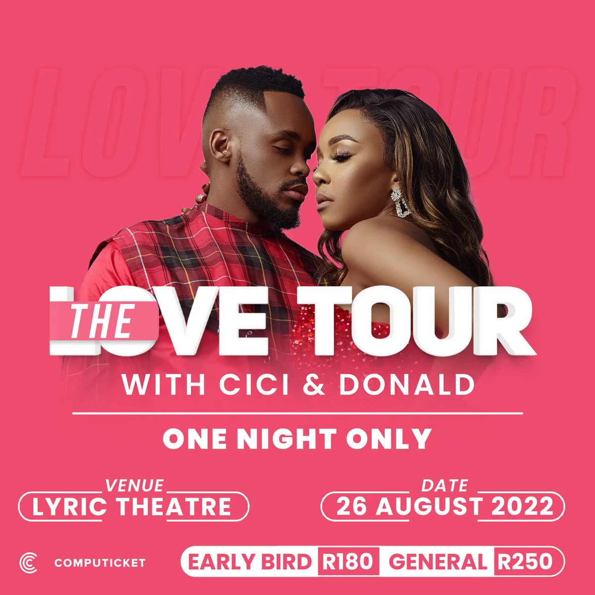 The Love Tour poster featuring Cici and Donald with event date and ticket details.
