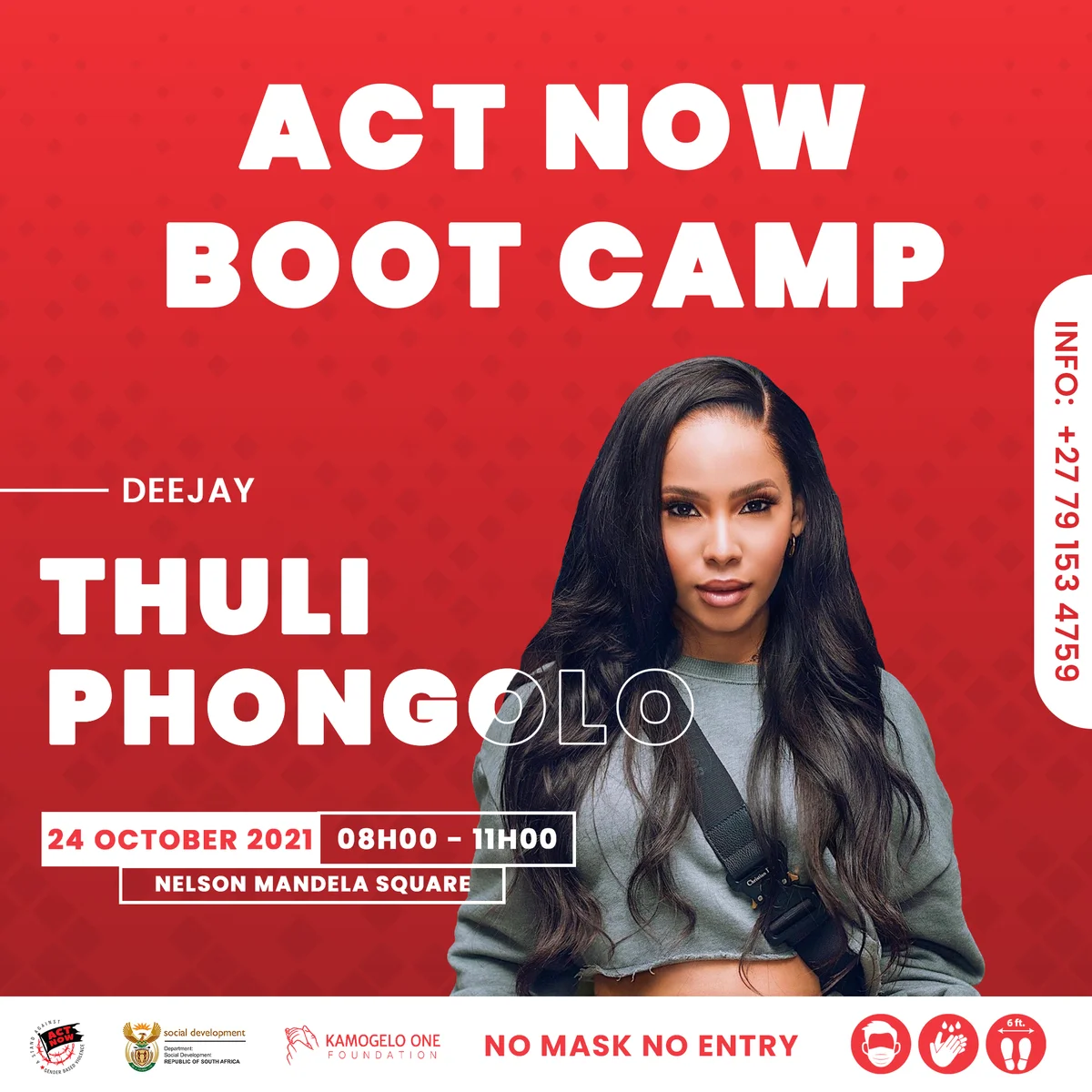 Red Act Now Boot Camp poster featuring deejay Thuli Phongolo.