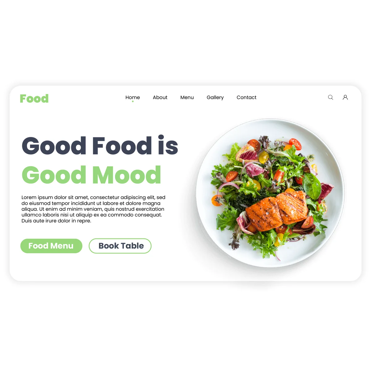 Restaurant homepage concept combining food photography with menu and booking calls to action.