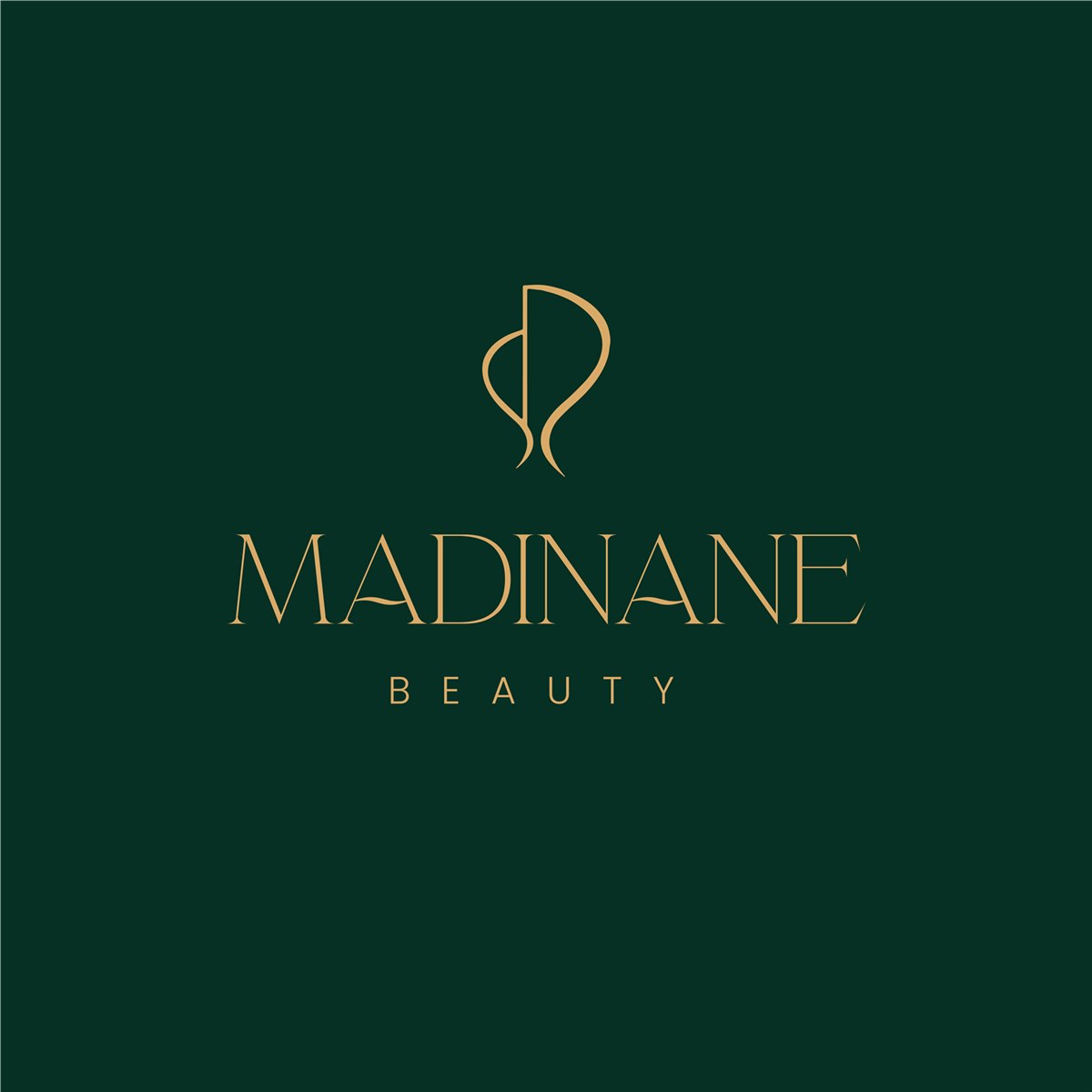 Gold Madinane Beauty monogram and wordmark on dark green.