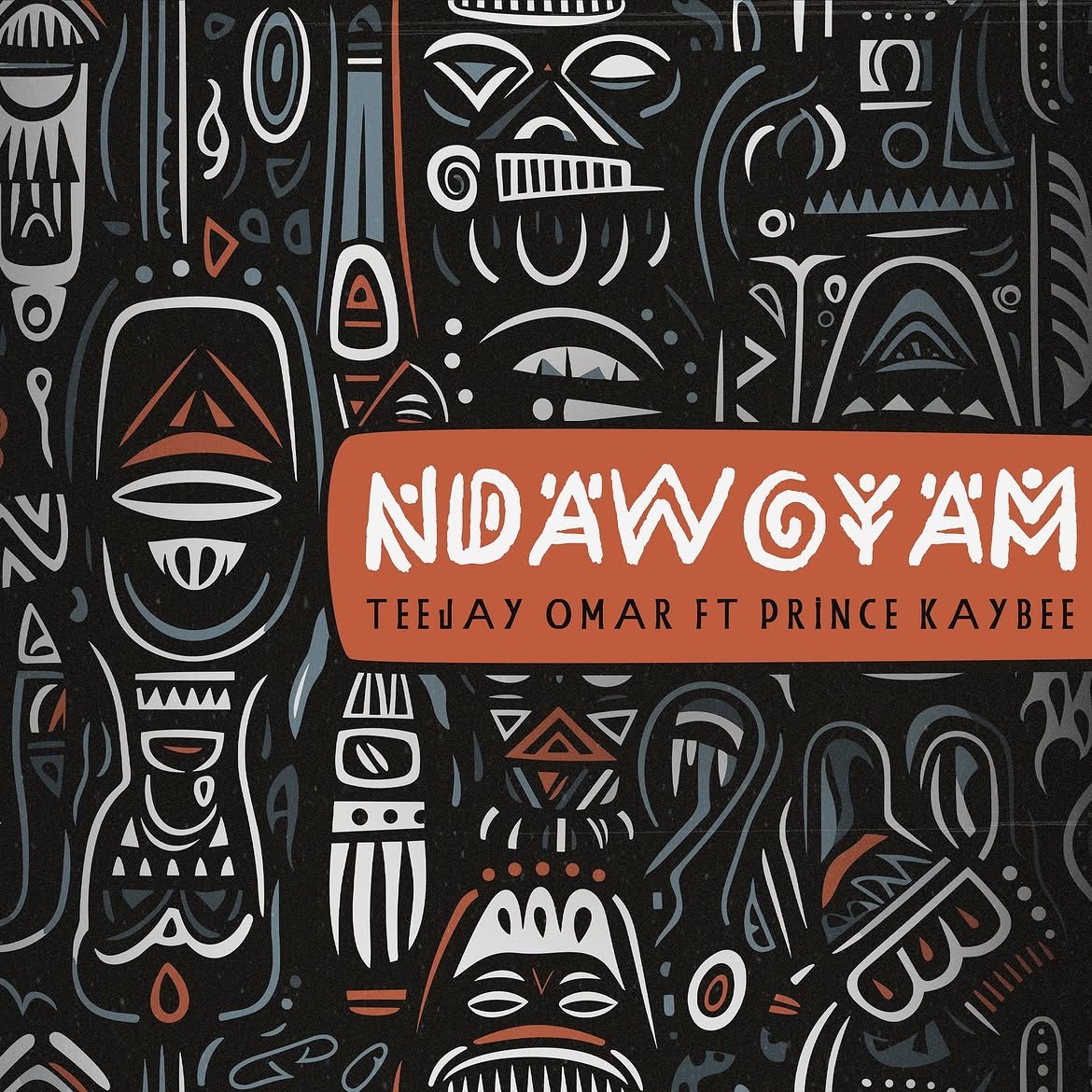 Ndawo Yam cover with abstract African-inspired patterns in black, white and terracotta.