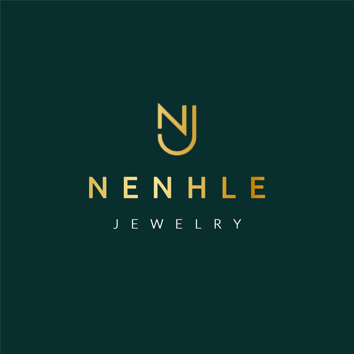 Gold Nenhle Jewelry monogram and wordmark on dark green.