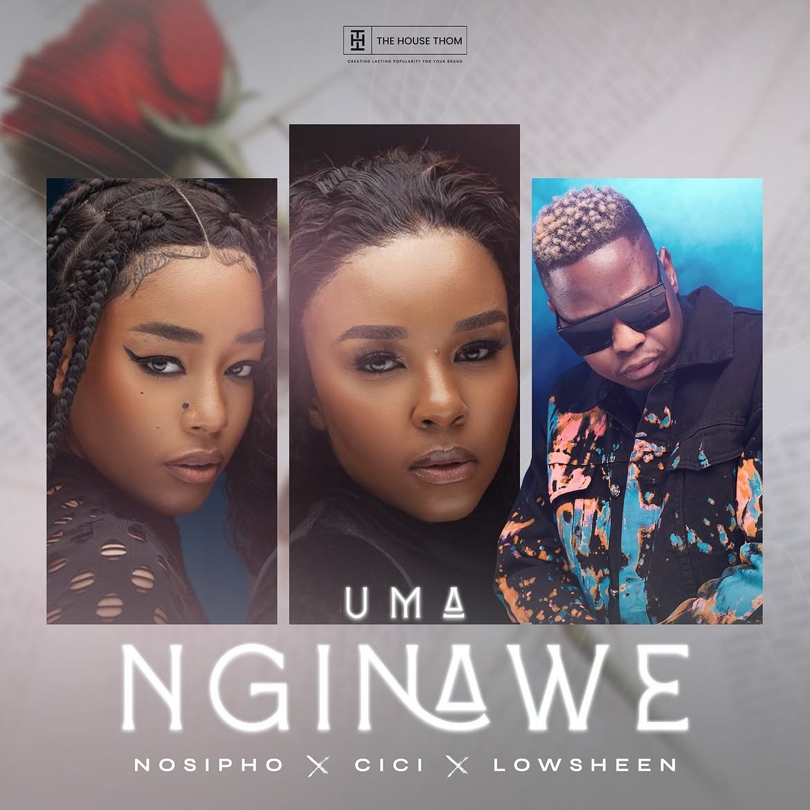 Uma Nginawe cover with three portraits against a soft rose and handwritten background.