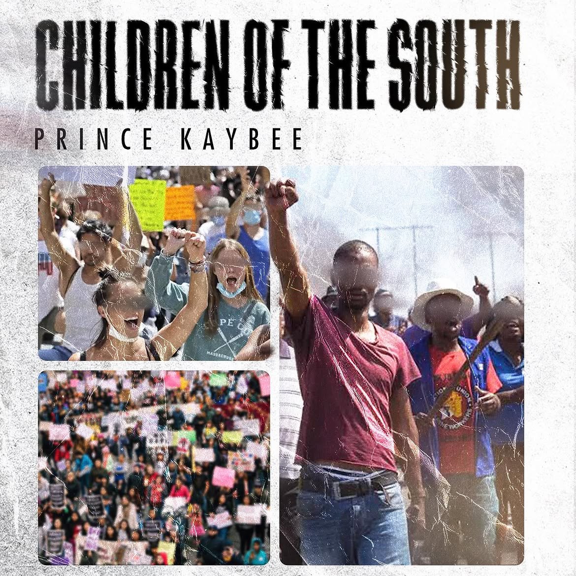 Children of the South cover with bold black lettering above a textured protest photograph collage.