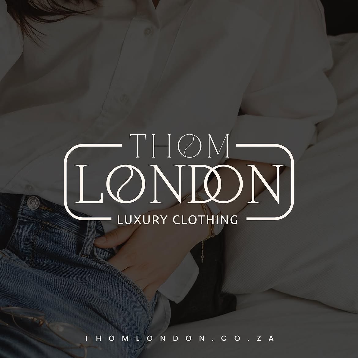 White Thom London Luxury Clothing logo over a fashion photograph.
