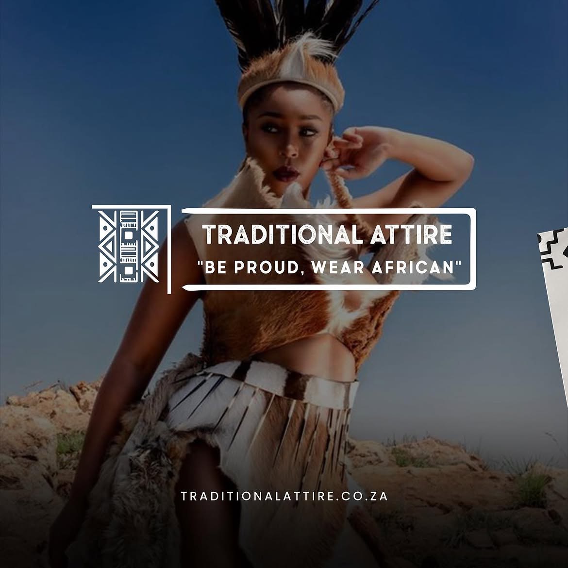 Traditional Attire logo and Be proud, wear African tagline over a fashion photograph.